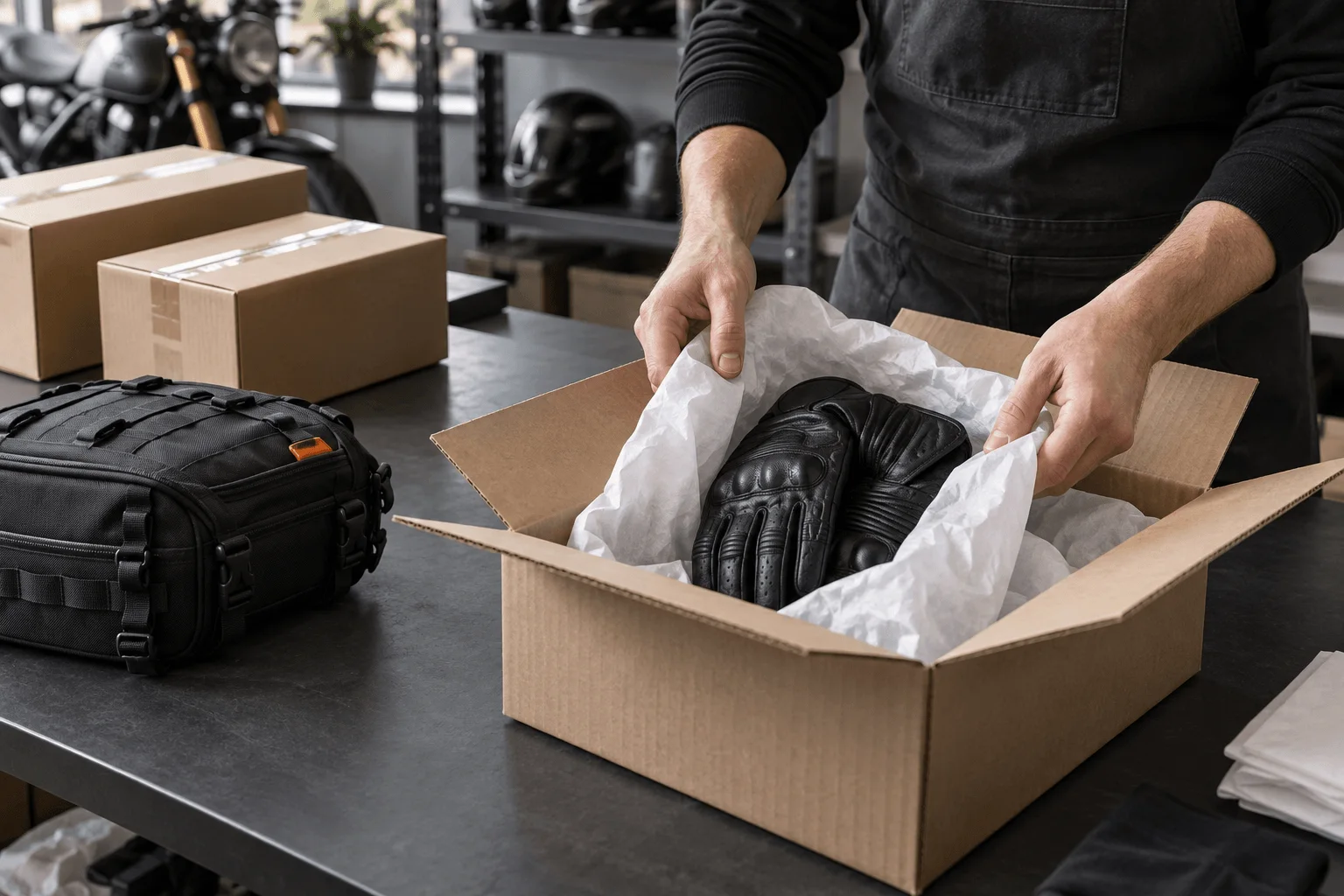 A rider fastening a leather motorcycle glove at a shop counter beside a matte black helmet