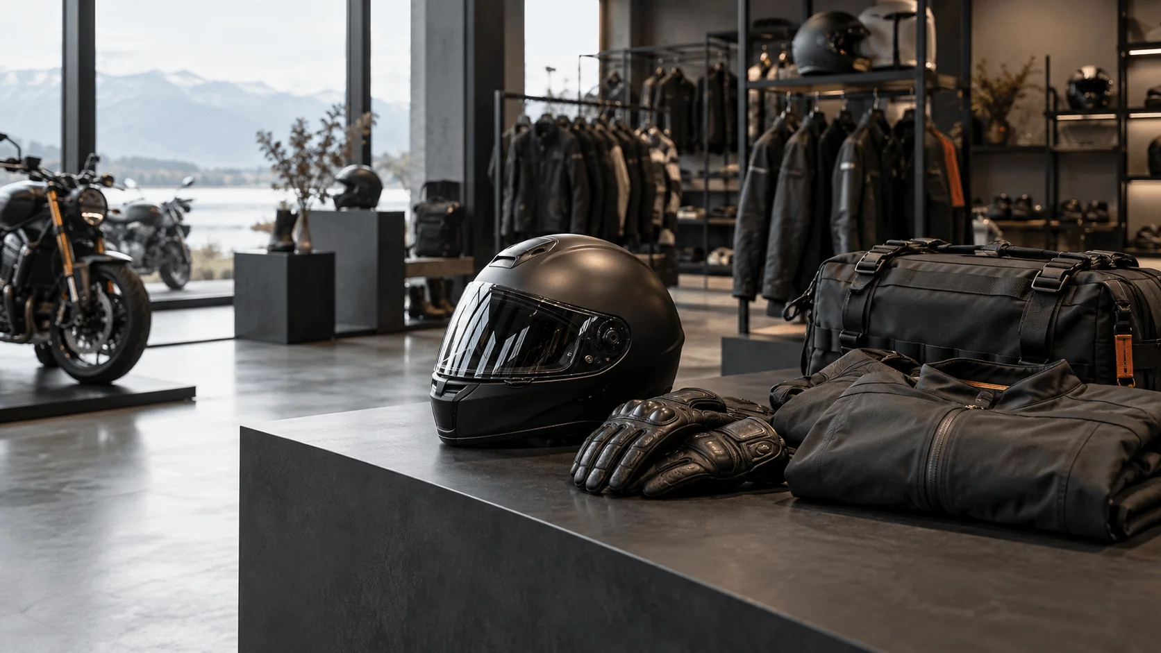 A motorcycle retail showroom with a helmet, gloves and a folded riding jacket on a dark counter