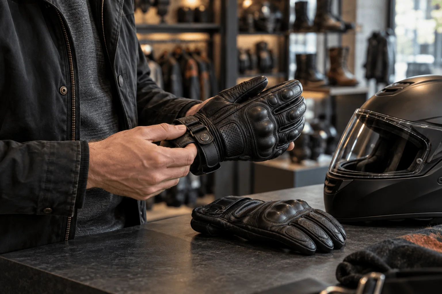 An order of leather motorcycle gloves being packed in tissue paper beside a tail bag