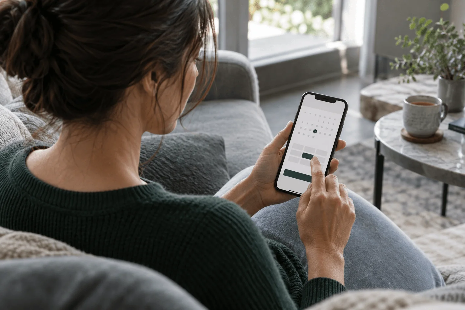A woman on a sofa choosing an appointment time on her phone