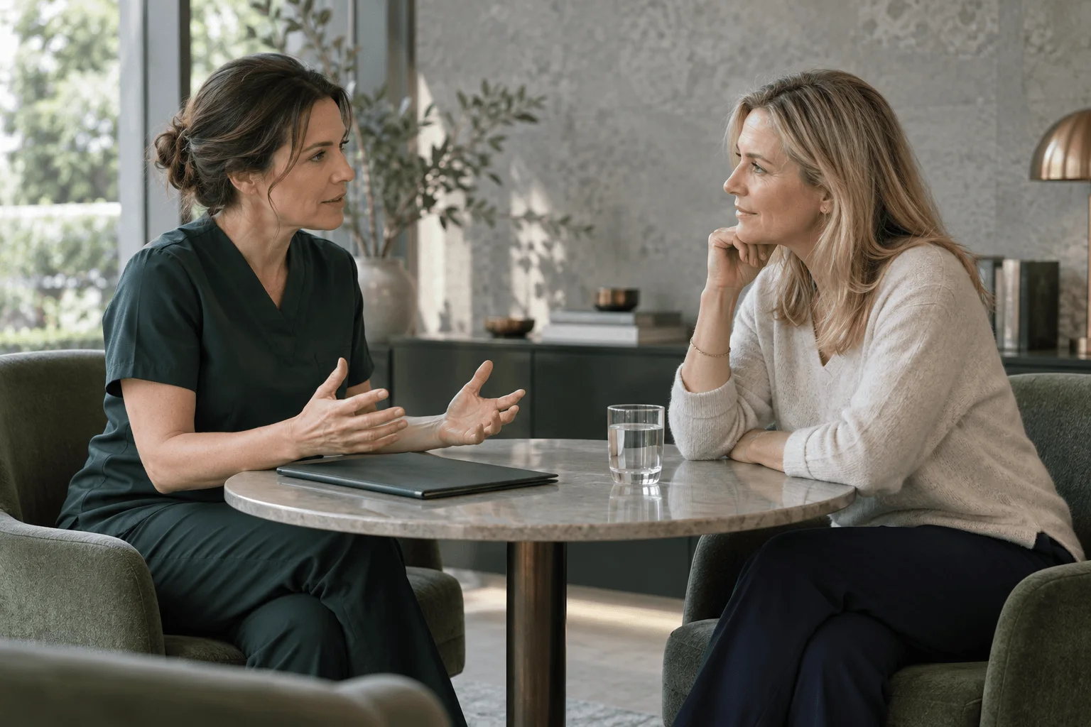 A practitioner in scrubs talking a patient through a consultation at a small marble table