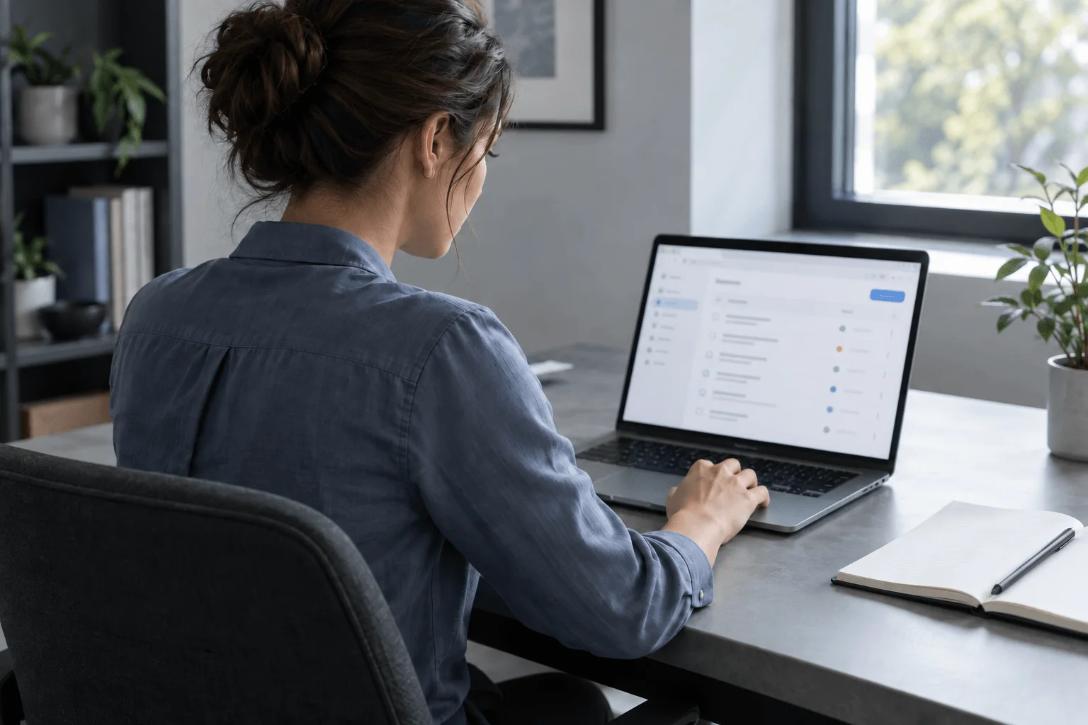 A woman working through a software list view on a laptop at her desk