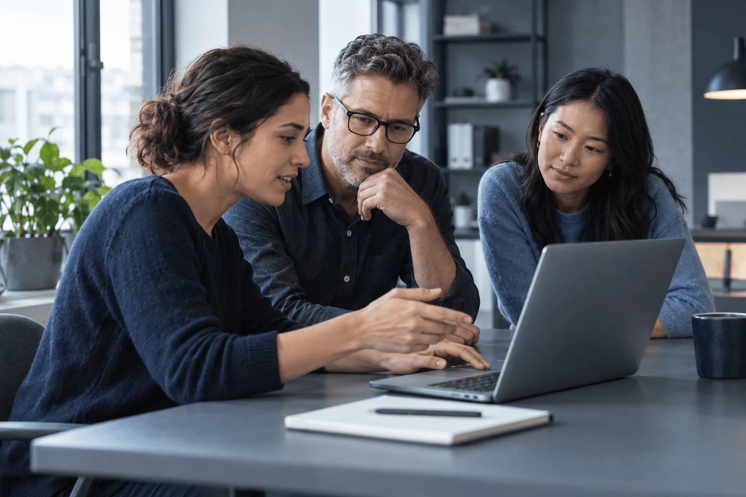 A product lead walking two colleagues through software on a laptop