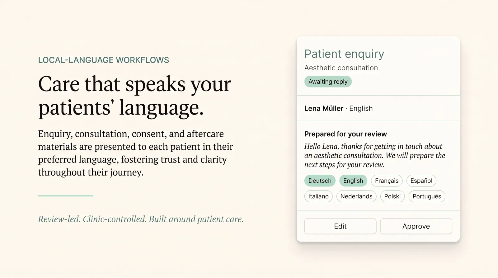 A patient enquiry prepared for review, with eight language options and edit or approve buttons