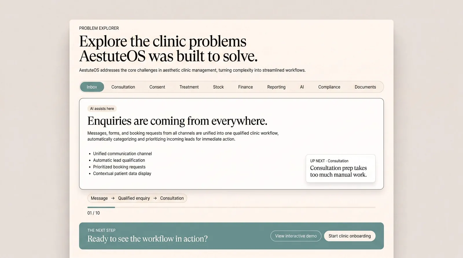 The problem explorer, showing the inbox problem and the workflow that answers it