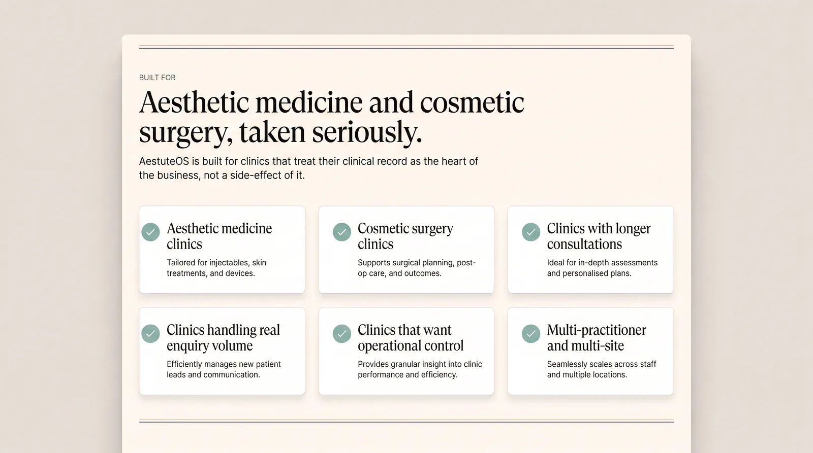 Six cards describing the kinds of clinic AestuteOS is built for