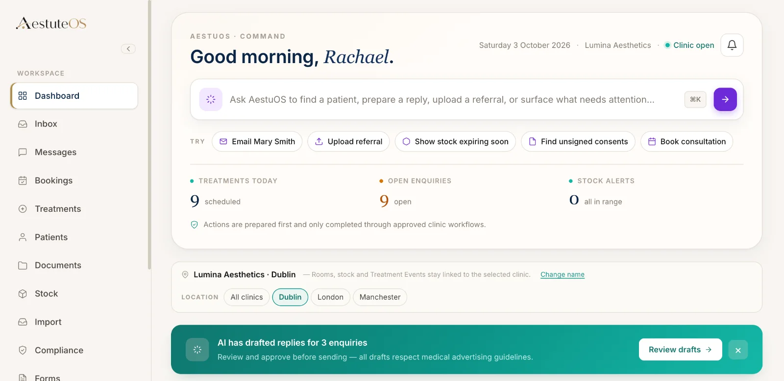 The AestuteOS dashboard, with today’s treatments, open enquiries and stock alerts