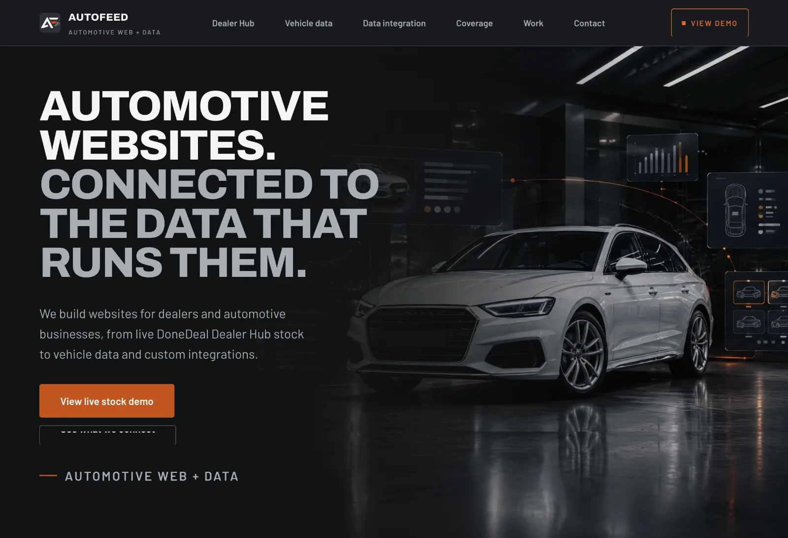 The AutoFeed homepage, a white saloon in a dark showroom beside the headline