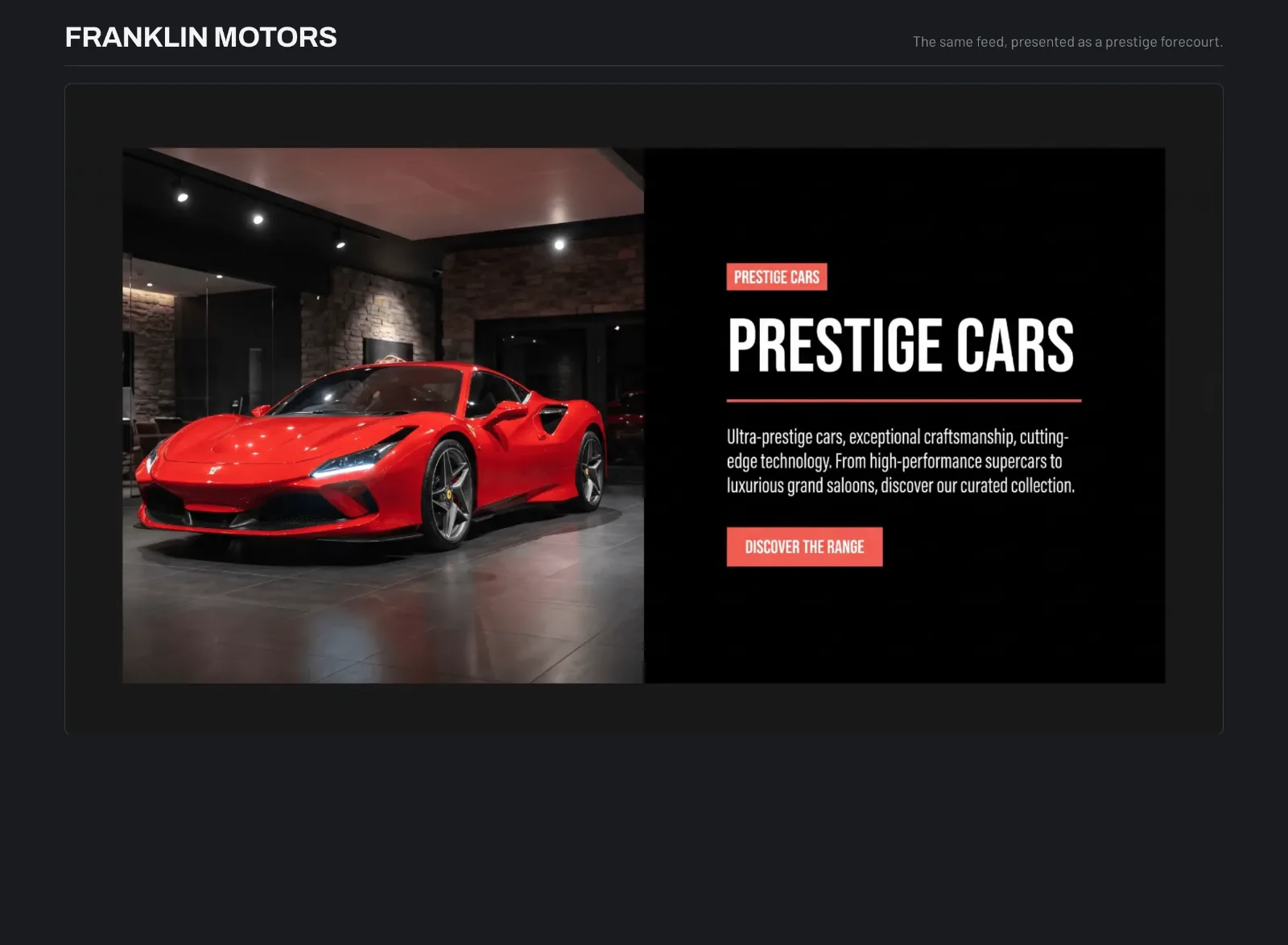 The Franklin Motors prestige cars section, a red Ferrari in a showroom