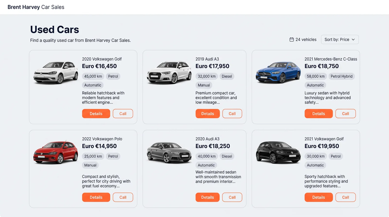 The Brent Harvey used cars page, six vehicles from a 2022 Volkswagen Polo at €14,950 to a 2021 Volkswagen Golf at €19,950, each with mileage, fuel and transmission