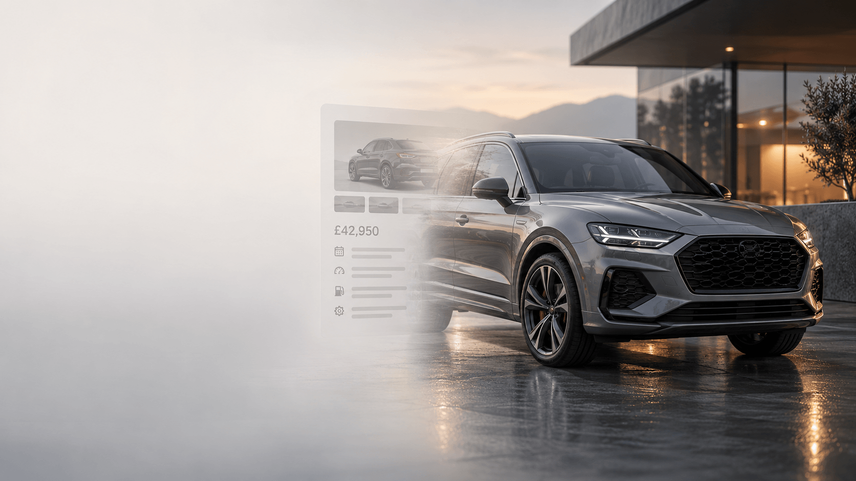 A dealership SUV emerging out of a vehicle listing, the listing dissolving into the page as the car becomes real