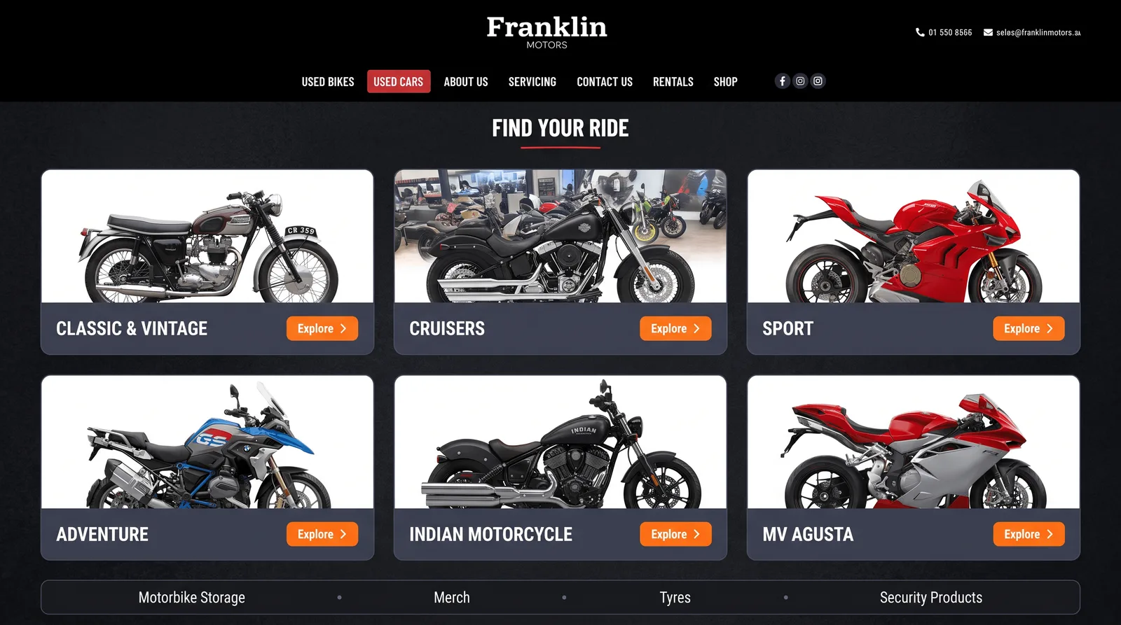 The Franklin Motors used bikes page, six categories shown as cards: classic and vintage, cruisers, sport, adventure, Indian Motorcycle and MV Agusta
