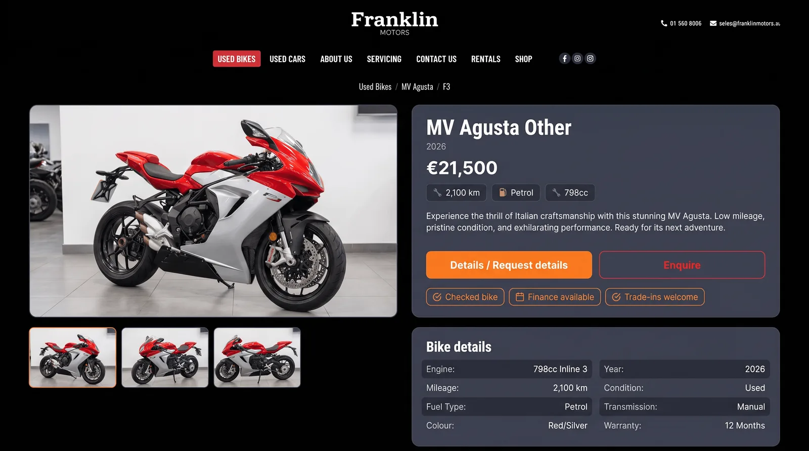 An MV Agusta F3 detail page: €21,500, 2,100 km, petrol, 798cc, a gallery of three thumbnails, and a bike details table listing engine, year, mileage, condition, fuel, transmission, colour and warranty
