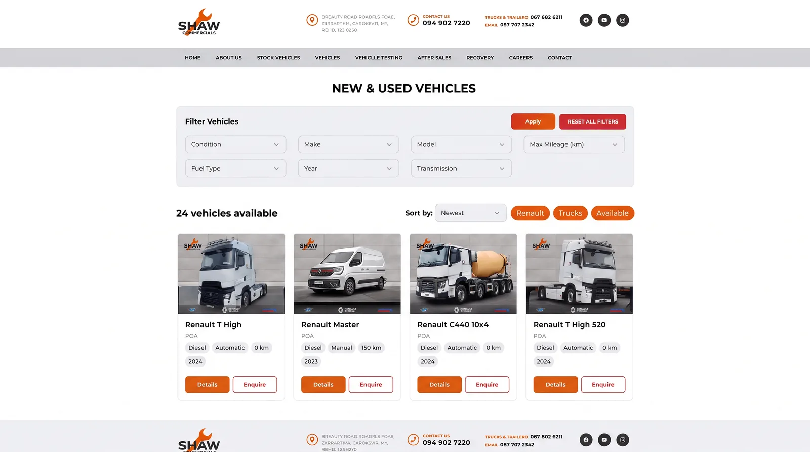 The Shaw Commercials stock filters: condition, make, model, max mileage, fuel type, year and transmission, above a count of 24 vehicles available