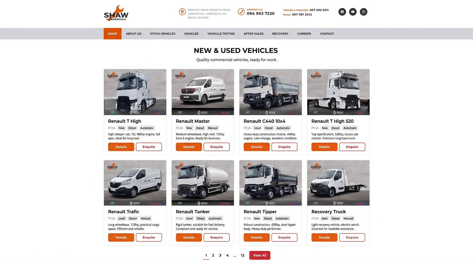 A dealership stock grid built from Dealer Hub inventory, showing eight Renault trucks and vans