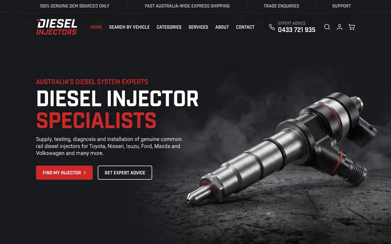 The Diesel Injectors homepage, with a common rail injector on dark concrete