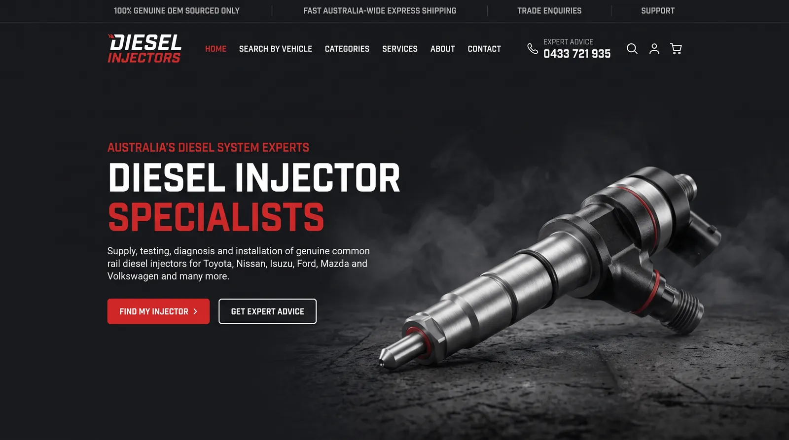 The Diesel Injectors homepage, with a common rail injector photographed against dark concrete
