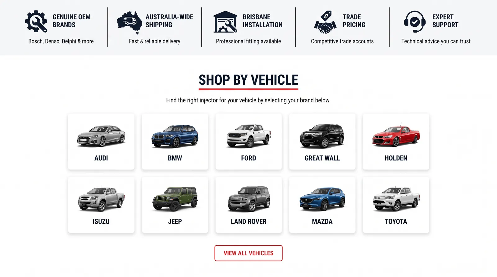A grid of ten vehicle makes to shop by, above a row of trust points