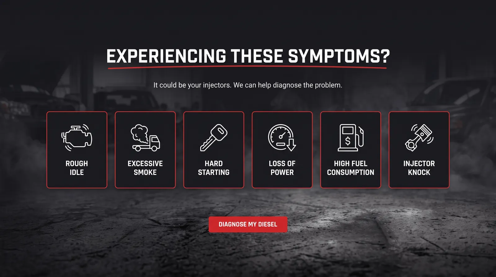Six symptom cards including rough idle, excessive smoke and injector knock