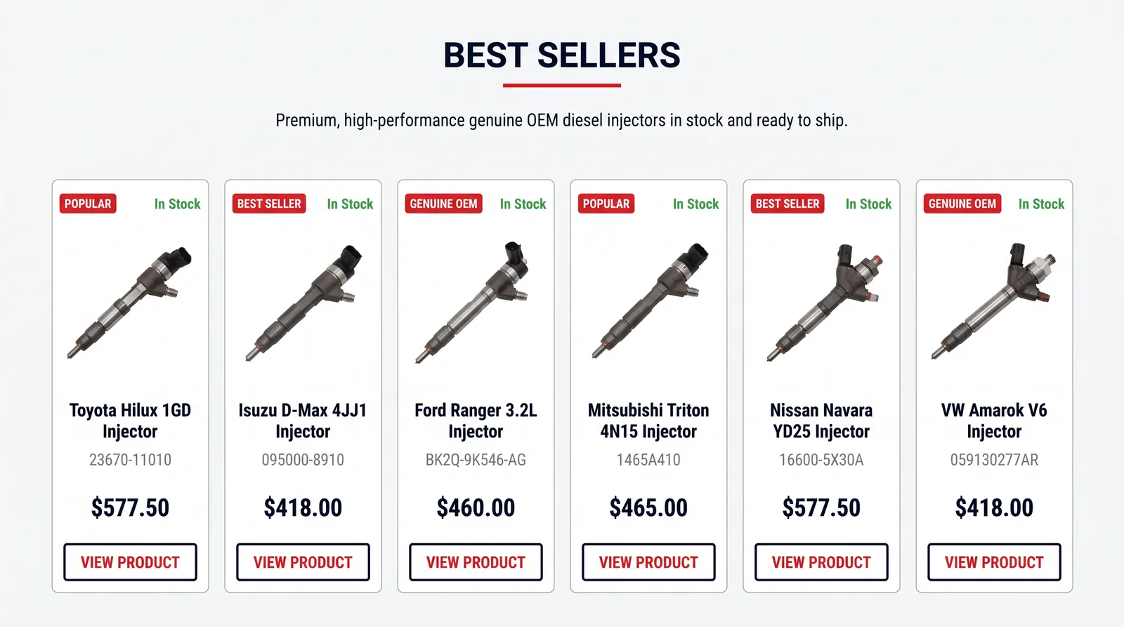 Six best-selling injectors with part numbers, prices and in-stock labels