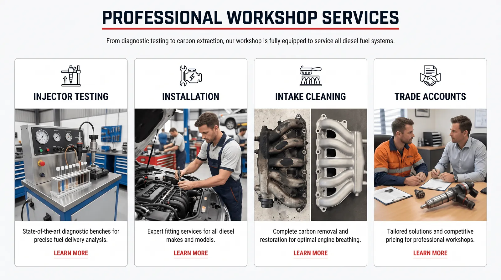 Four workshop service cards: injector testing, installation, intake cleaning and trade accounts