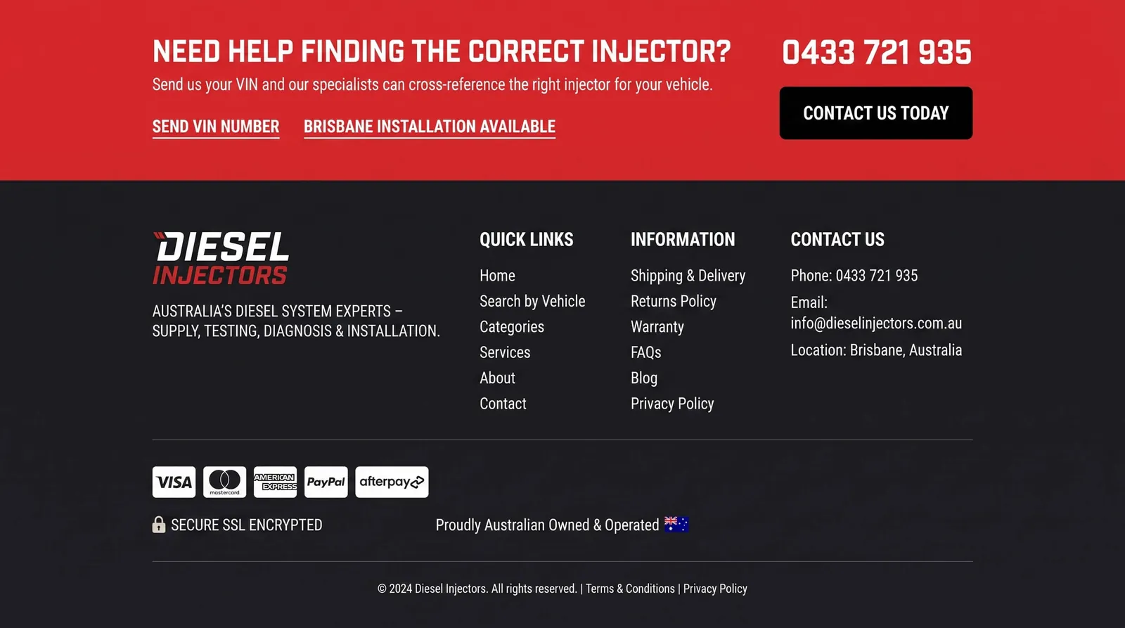 The closing contact band and site footer, offering VIN cross-referencing