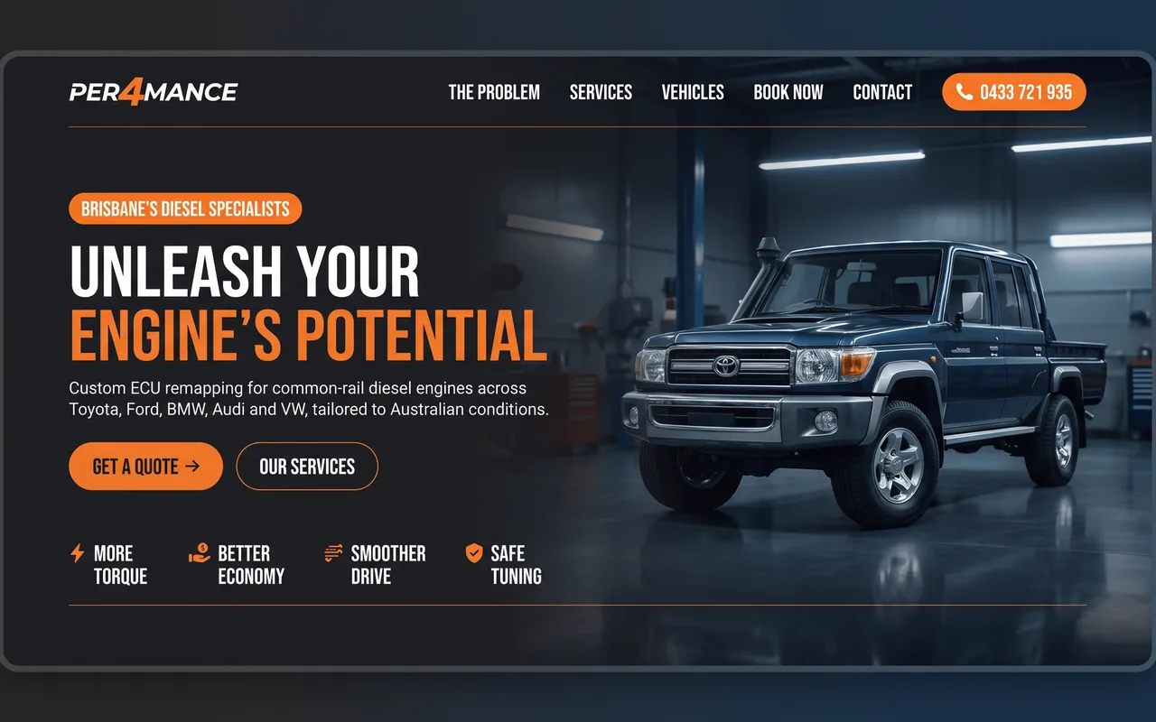 The Per4mance Diesel Tuning homepage, with a LandCruiser ute in a workshop