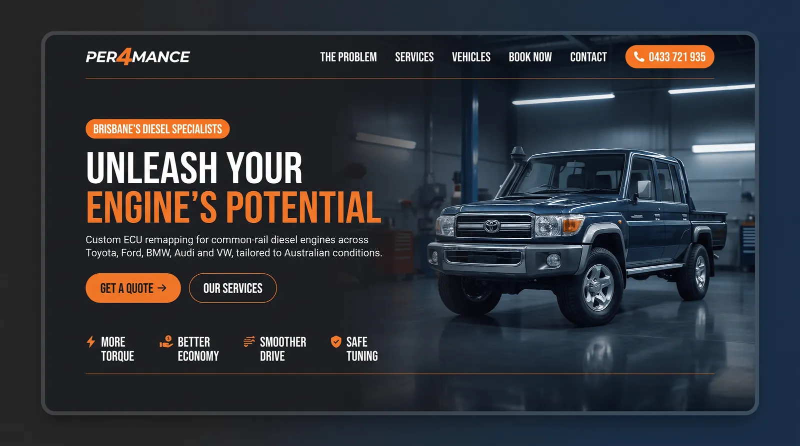 The Per4mance Diesel Tuning homepage, with a LandCruiser ute in a workshop