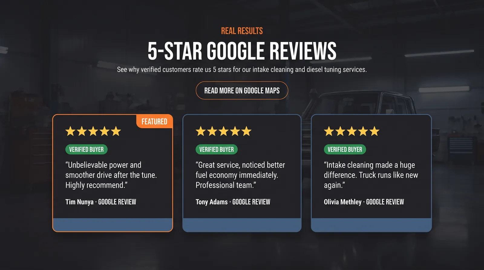 Three five-star Google reviews from named customers