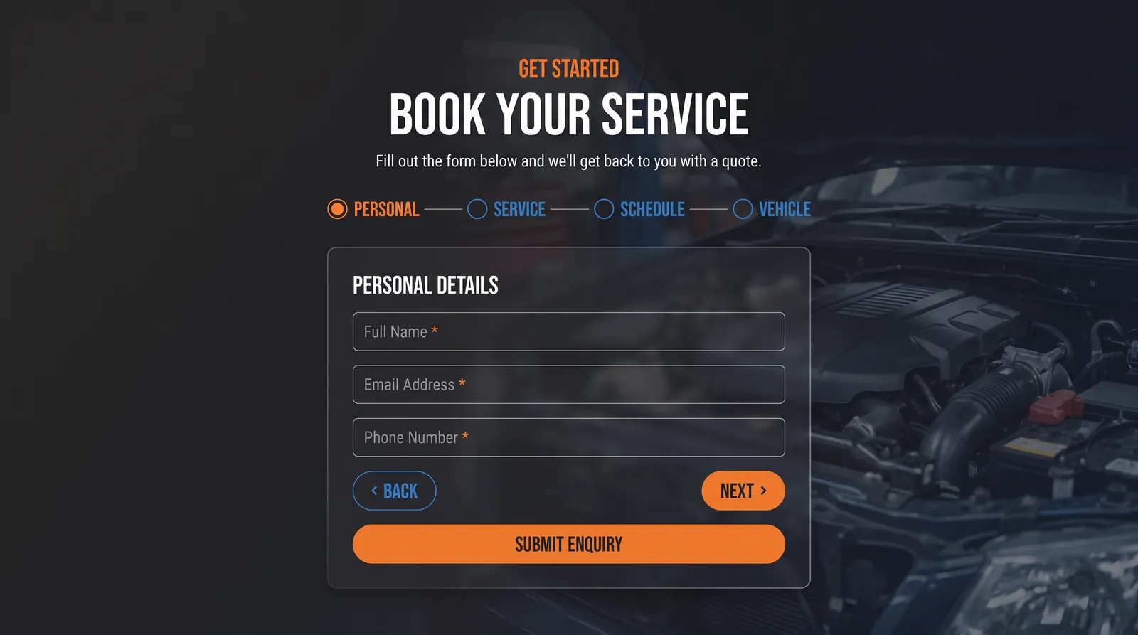 The four-step booking form, showing the personal details step