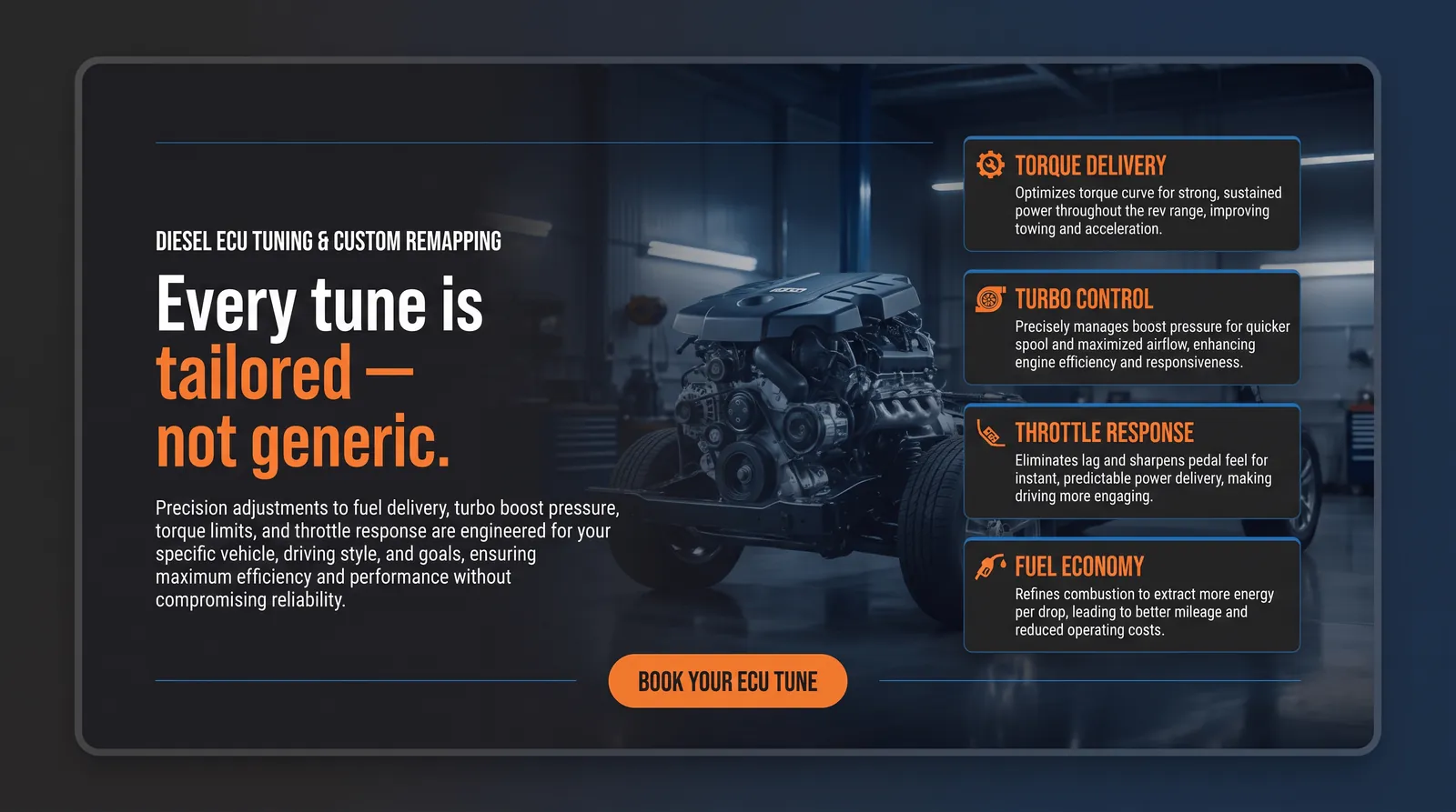 The ECU tuning section, itemising torque delivery, turbo control, throttle response and fuel economy