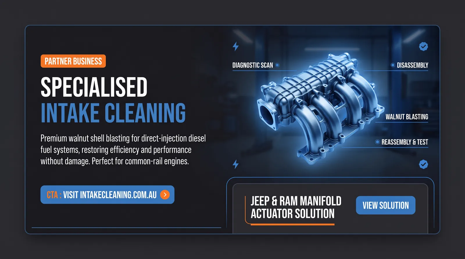 Intake Cleaning presented as a partner business, with a walnut-blasted intake manifold
