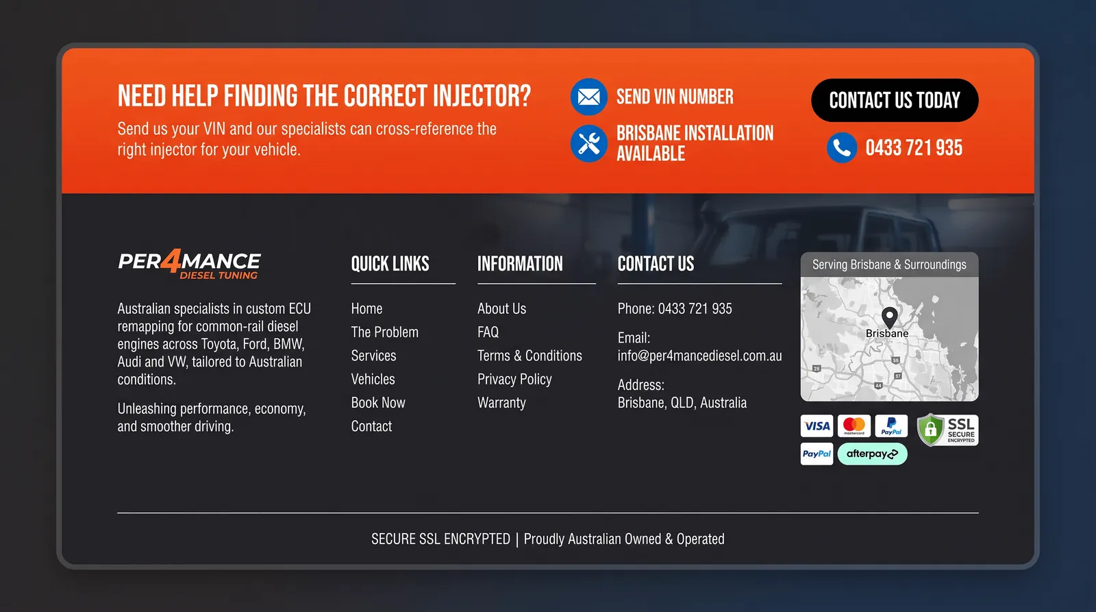 The closing contact band and footer, with a Brisbane service map