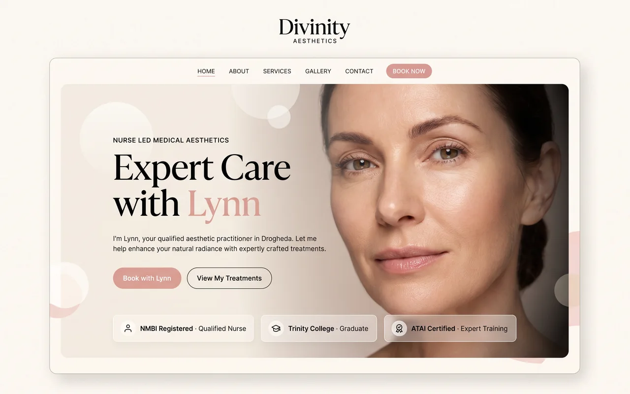 The Divinity Aesthetics homepage, with the practitioner photographed beside her credentials