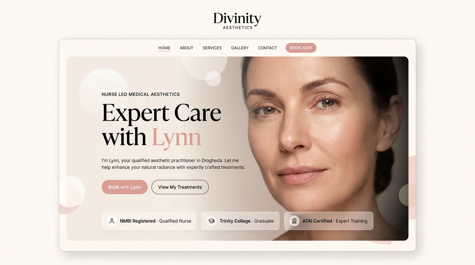 The Divinity Aesthetics homepage, with the practitioner photographed beside her credentials