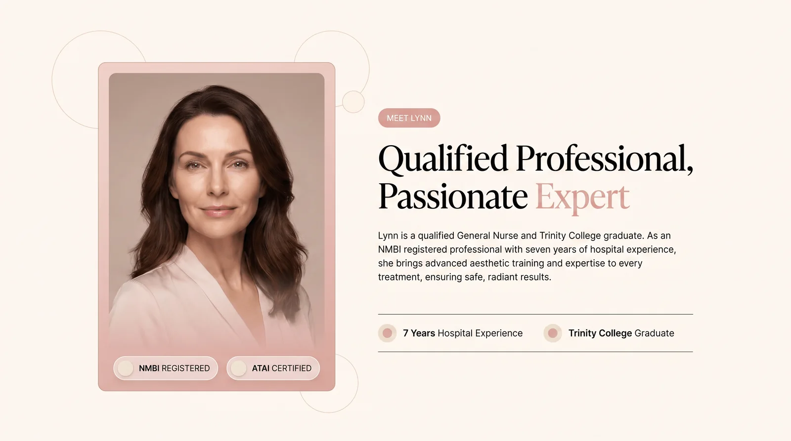 A portrait beside a biography listing nursing registration and aesthetic training
