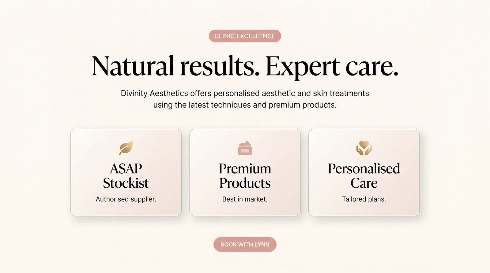 Three cards reading ASAP stockist, premium products and personalised care