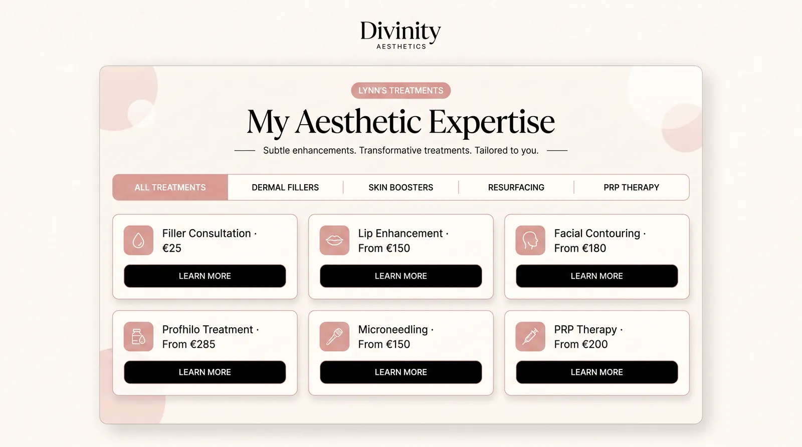 Six treatments with prices, filterable by dermal fillers, skin boosters, resurfacing and PRP