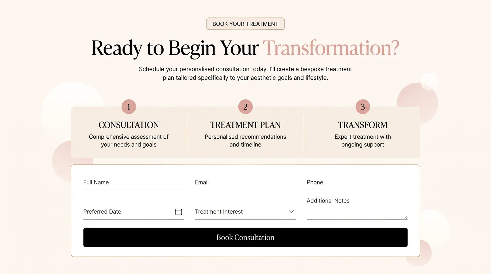 A three-step path of consultation, treatment plan and transform, above a booking form