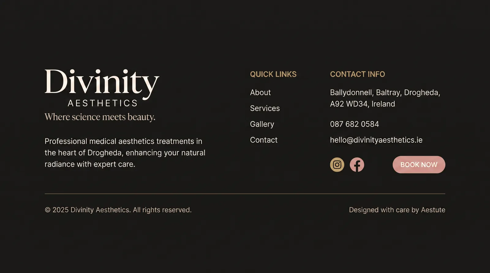 The dark footer, with the wordmark, quick links and contact details