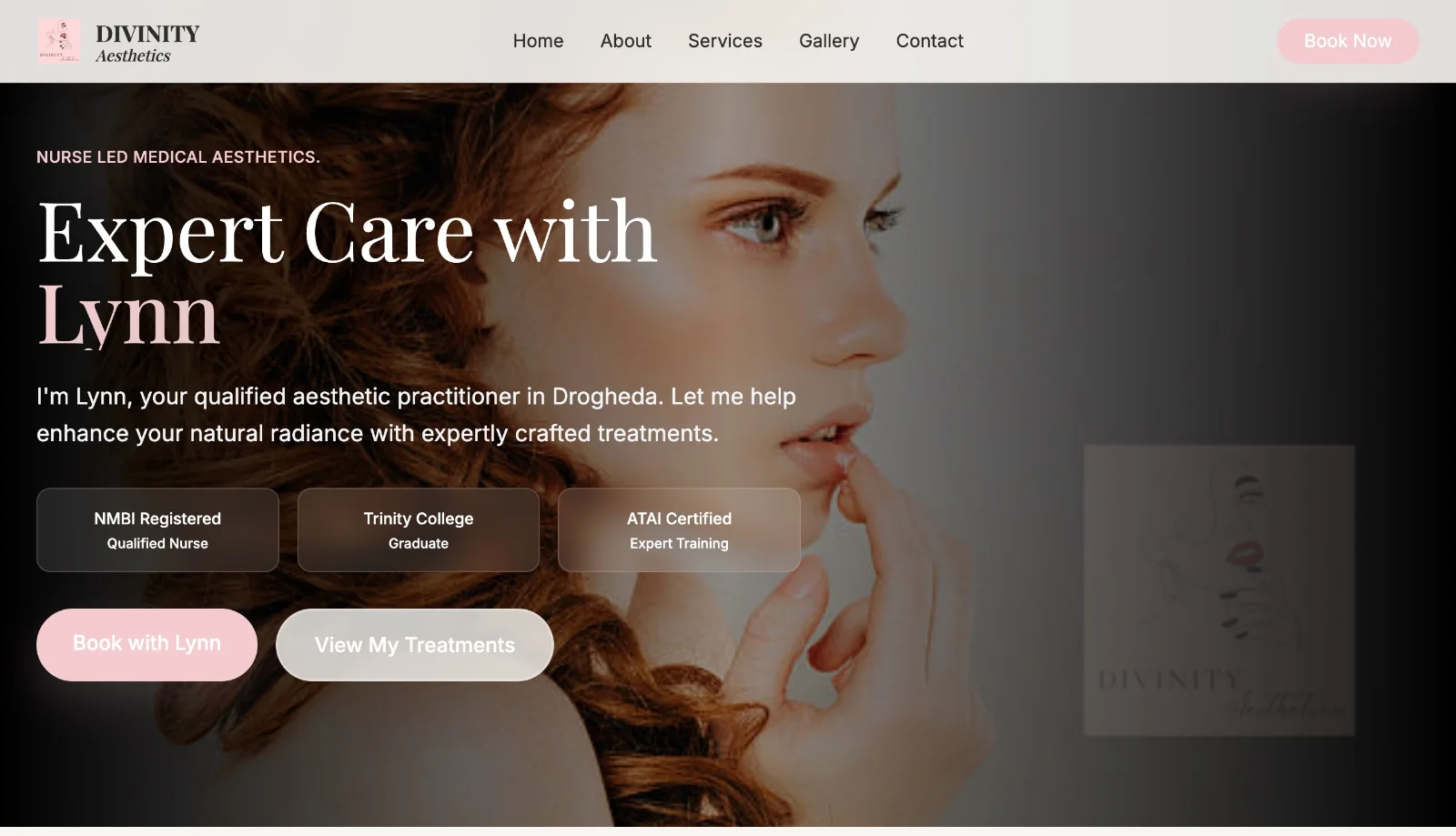 The Divinity Aesthetics homepage, headed Expert Care with Lynn, with booking buttons and three credentials