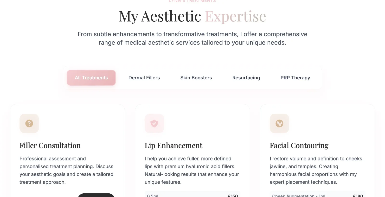 Treatment cards with prices and Book Now buttons, filterable by category