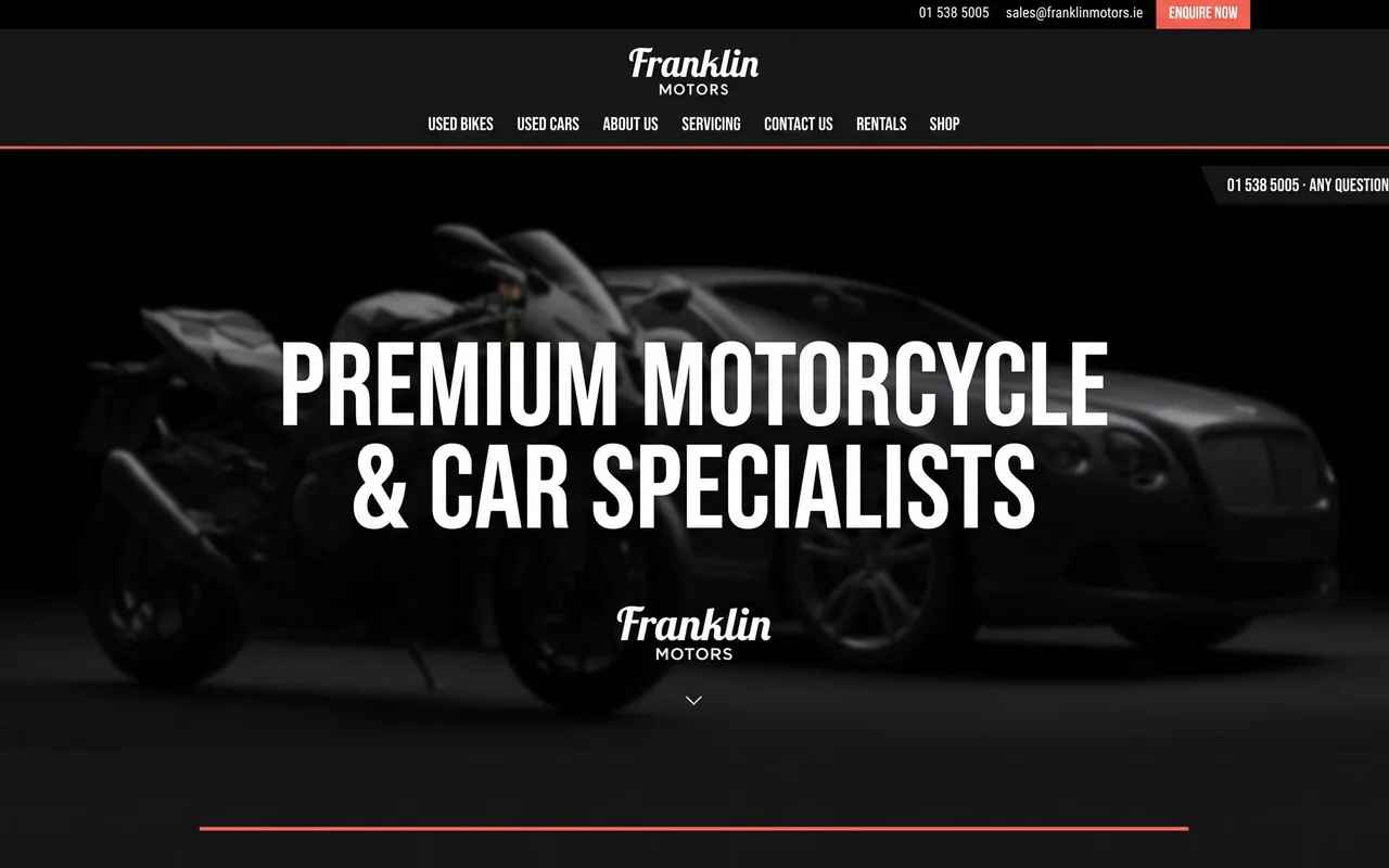 The Franklin Motors homepage, a motorcycle and a car lit against black