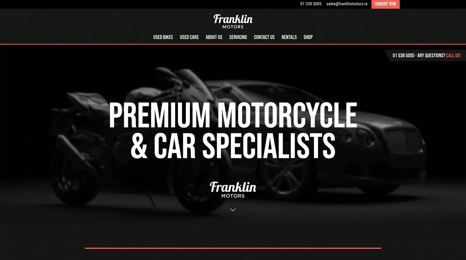 The Franklin Motors homepage, a motorcycle and a car lit against black