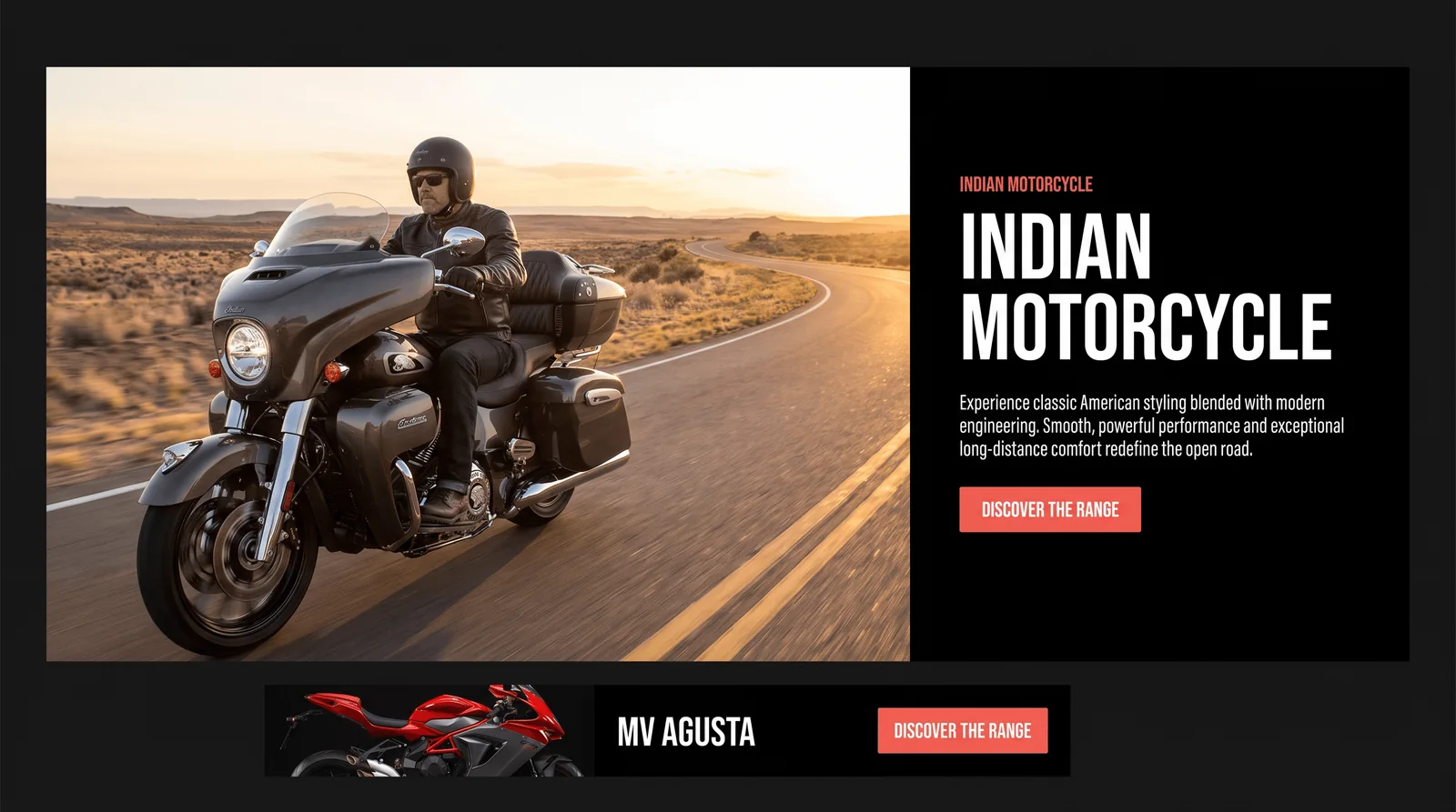 The Indian Motorcycle section, with a tourer on a desert highway