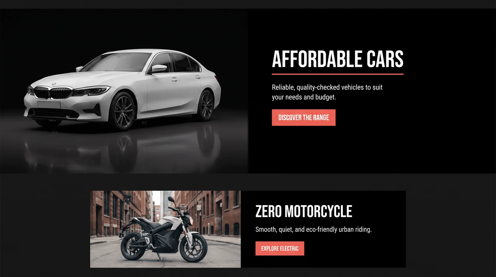 Affordable cars shown with a white BMW saloon, above the Zero electric motorcycle range