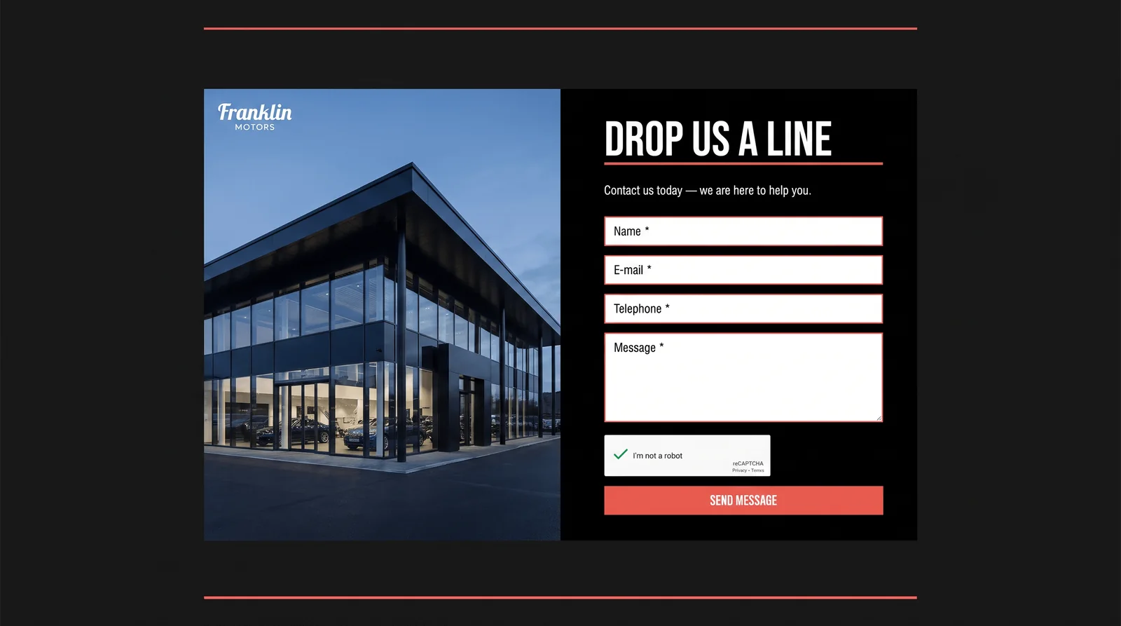 The enquiry form beside a photograph of the dealership at dusk