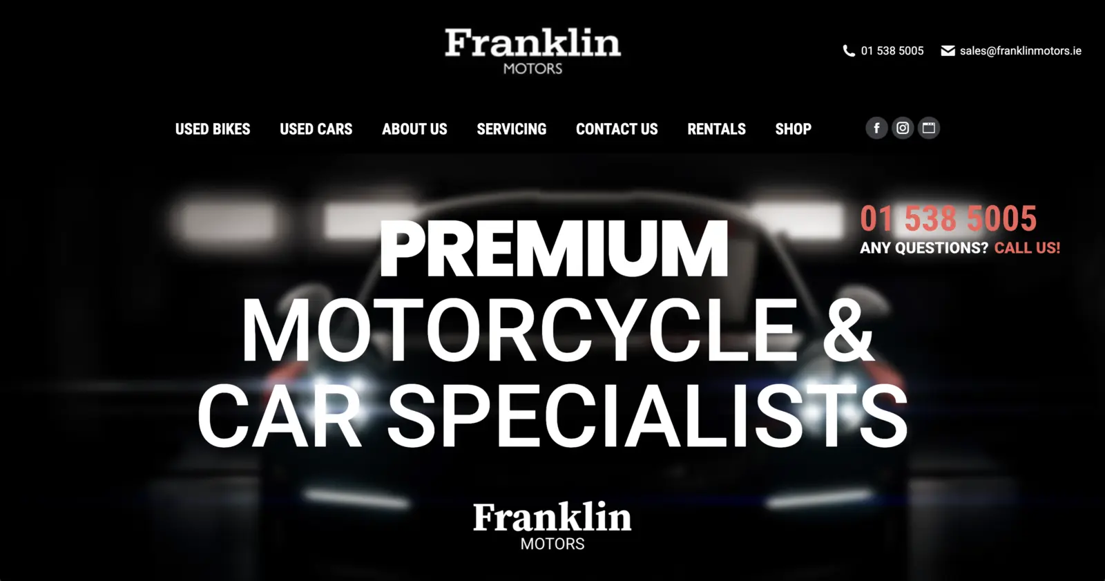 The Franklin Motors homepage, headed Premium motorcycle and car specialists