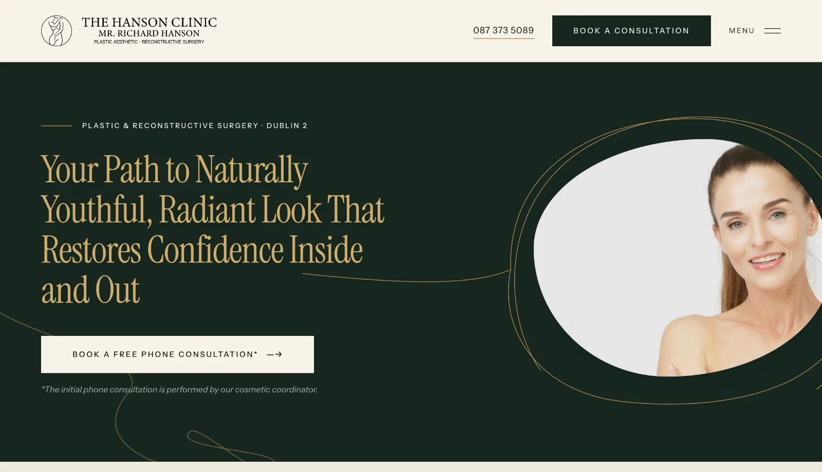 The Hanson Clinic homepage, with a free phone consultation offer