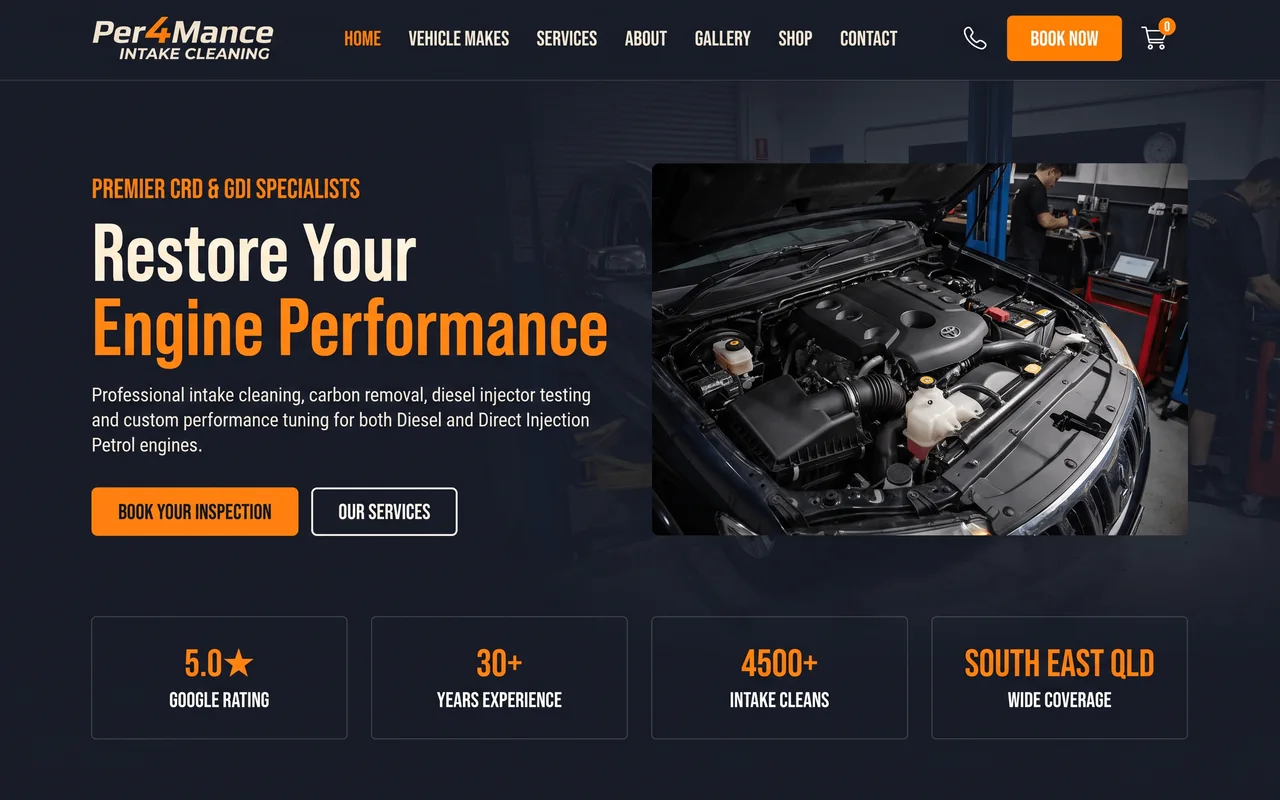 The Intake Cleaning homepage, with an open engine bay and four headline statistics